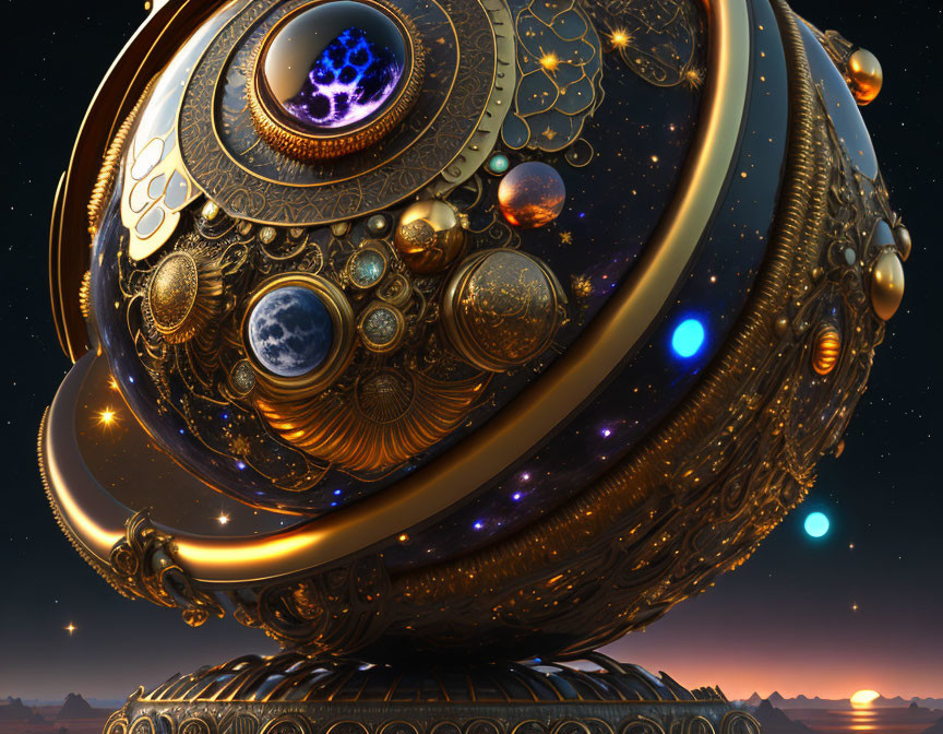 Ornate spherical object with celestial bodies against starry sky