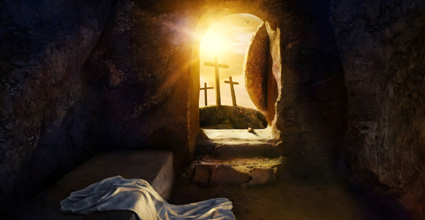 Ancient tomb with stone slab, white cloth, and crosses in sunrise.