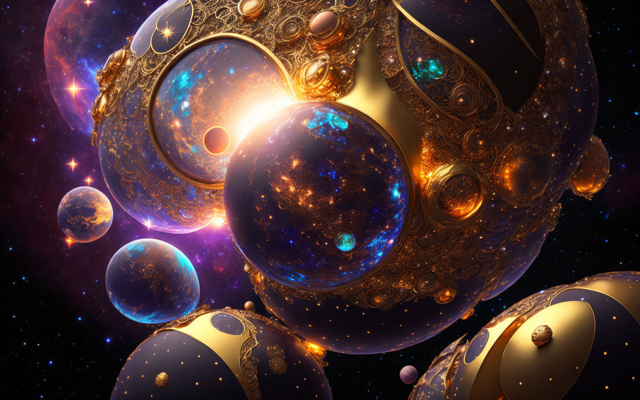 Digital Art: Ornate Fractal Spheres in Cosmic Setting