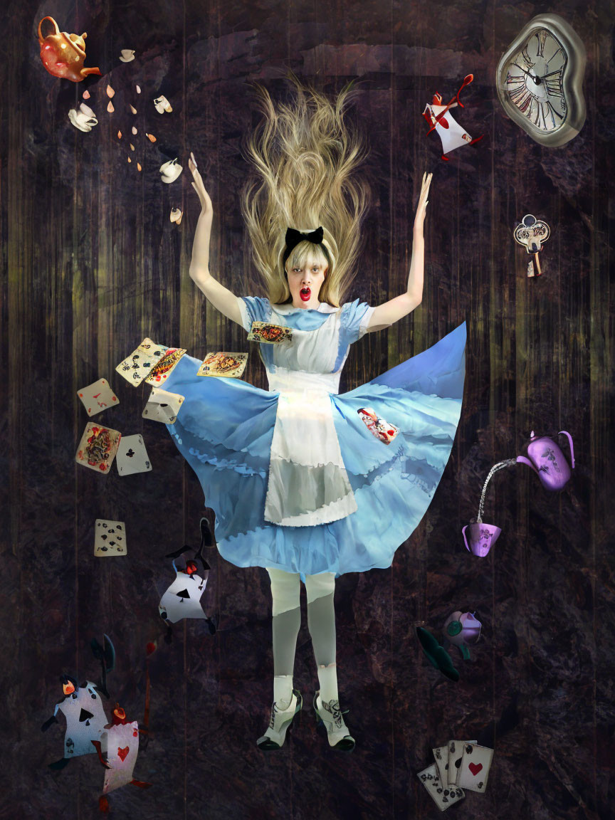 Whimsical Alice in Wonderland themed illustration with cards, keys, and teacups on dark wood