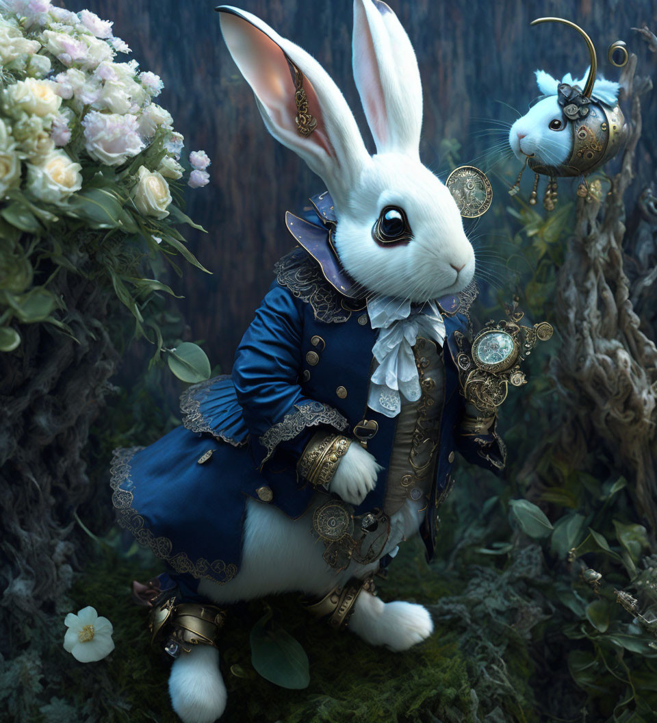 Detailed Blue Coat Anthropomorphic Rabbit with Clock and Mechanical Insect by Flowers