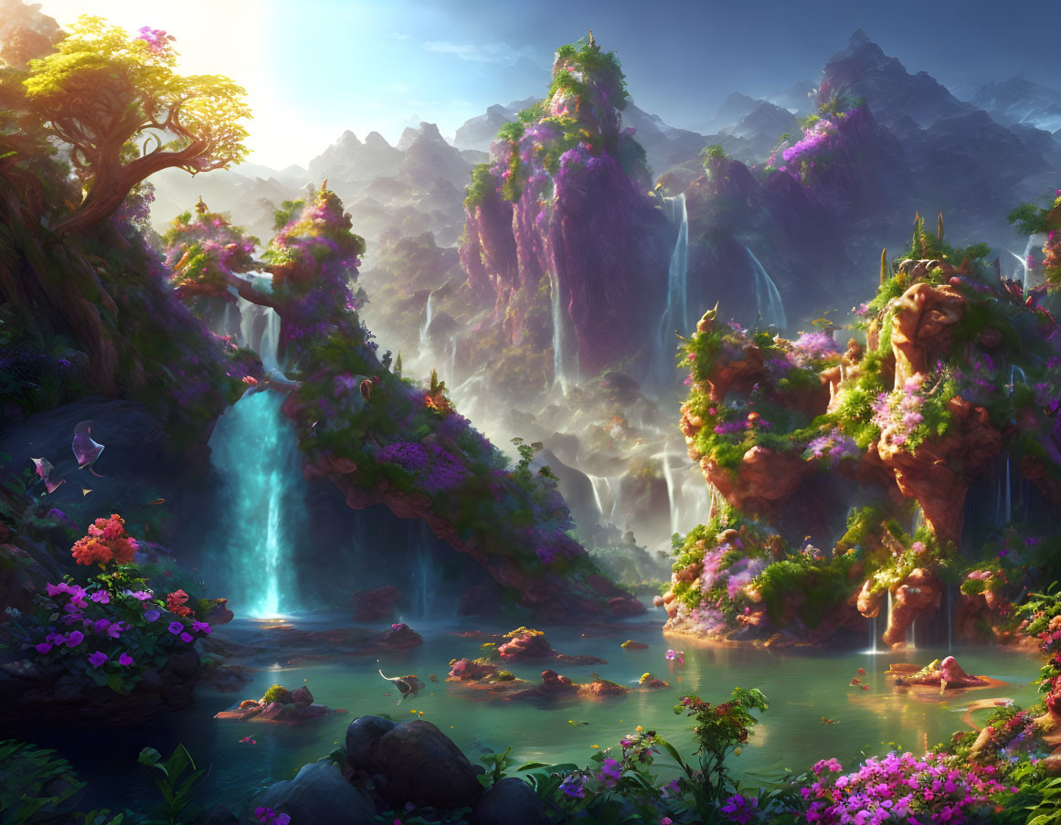 Tranquil fantasy landscape with waterfalls, lush flora, and misty mountains