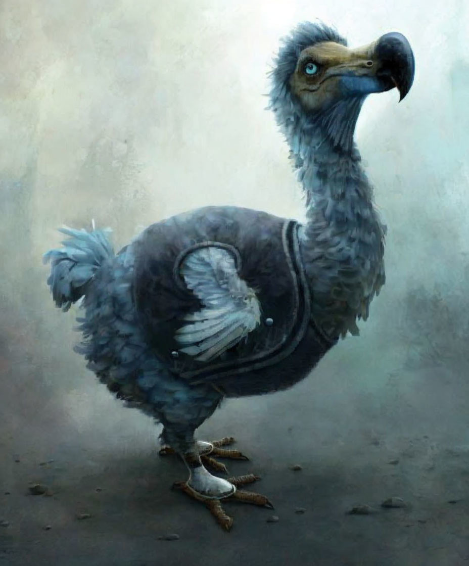 Bird-like Creature with Dodo Head, Gray-Blue Feathers, and Sharp Talons