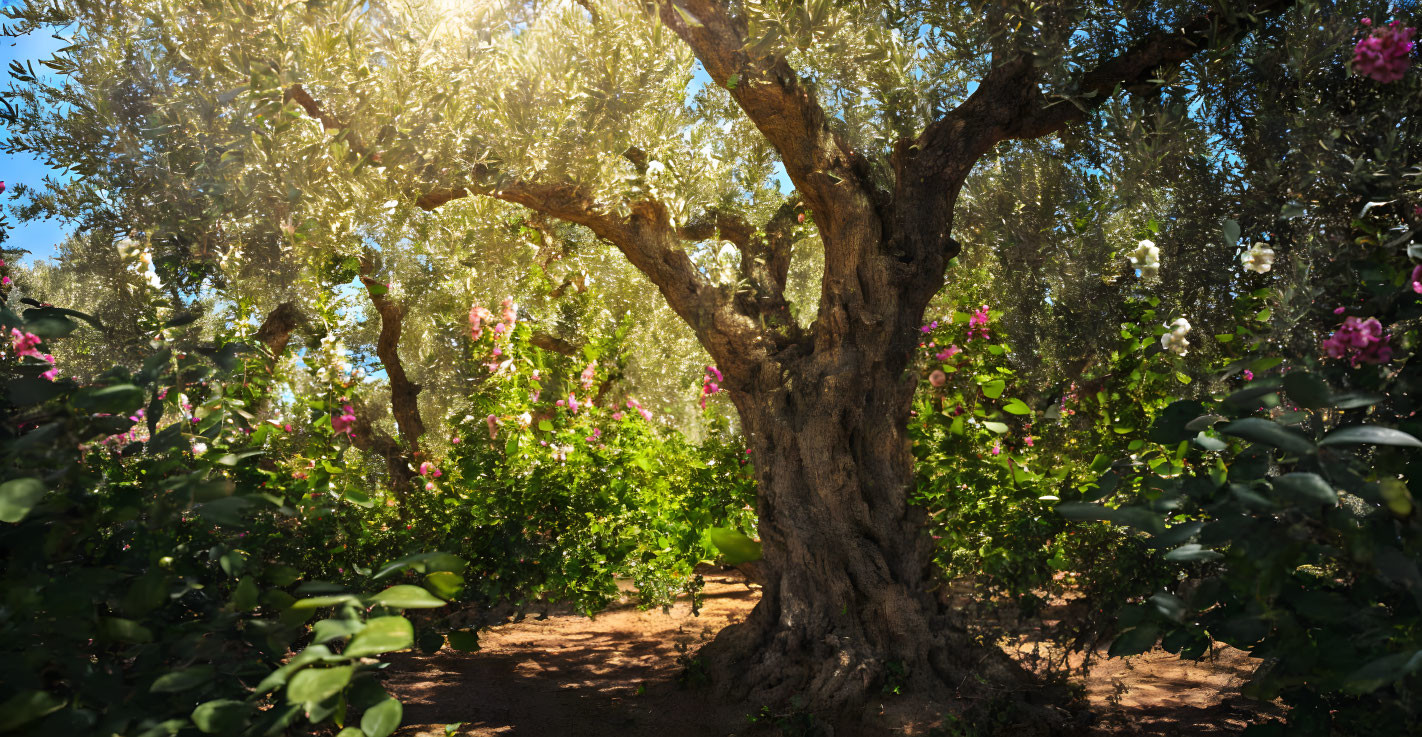 Tranquil garden scene with old olive tree and blooming flowers