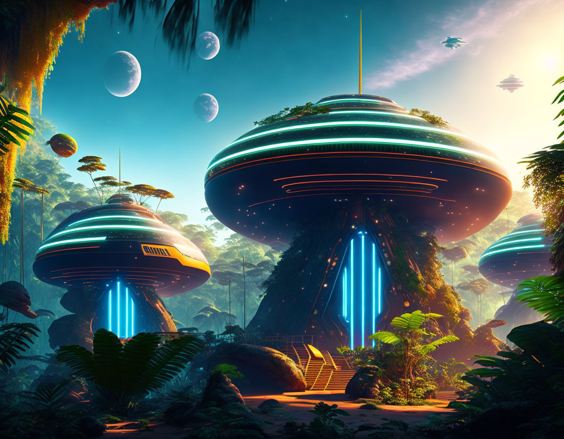 Sci-fi alien city with glowing structures in lush forest, multiple moons, spaceship.