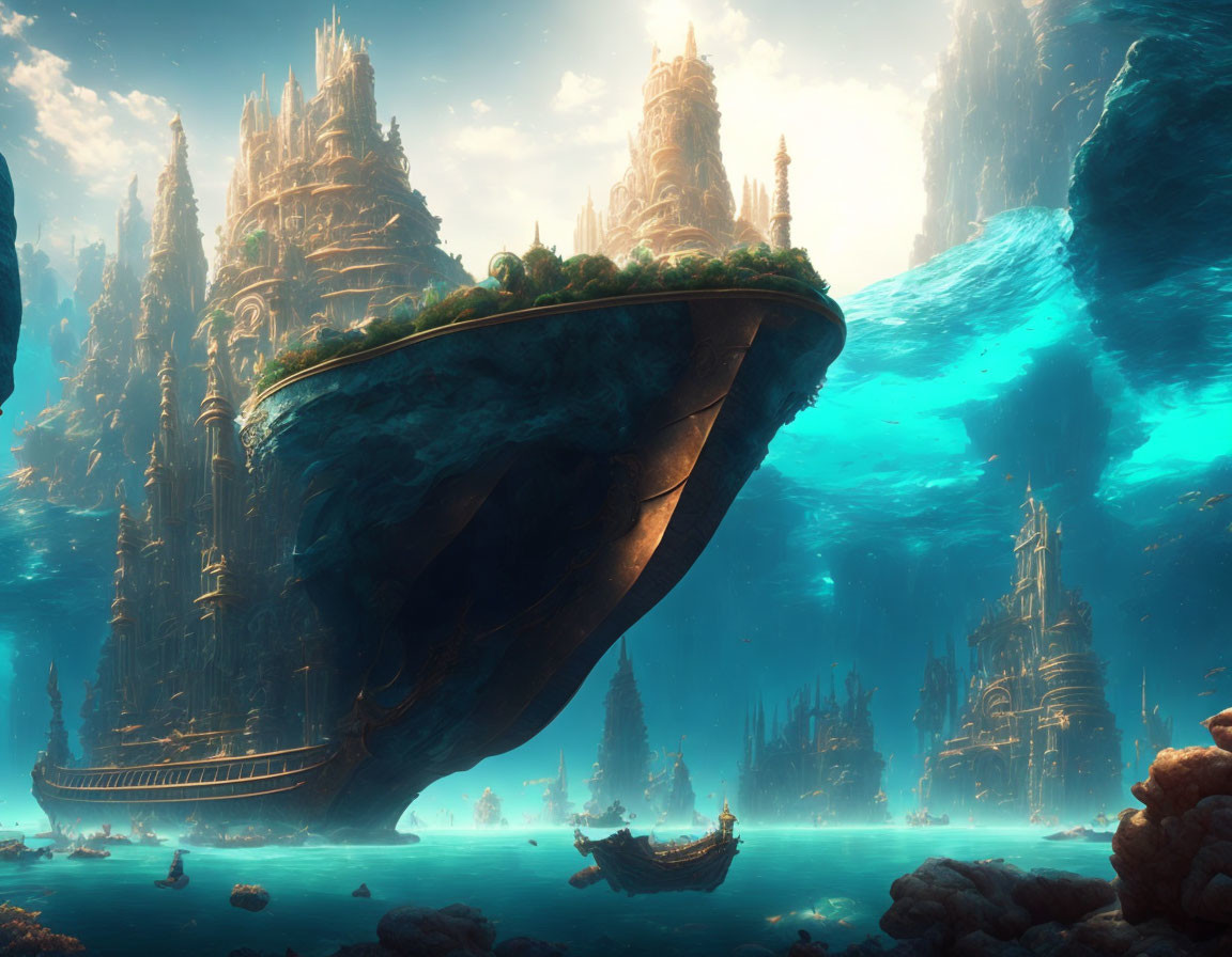 Fantastical floating island with grandiose towers and waterfalls in mystical setting.