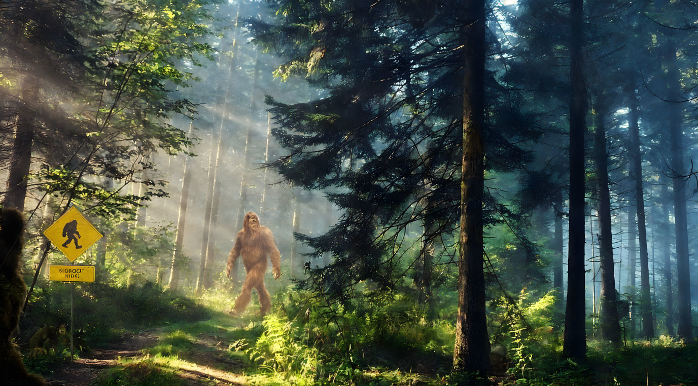 Misty forest scene: Bigfoot near "Sasquatch Crossing" sign