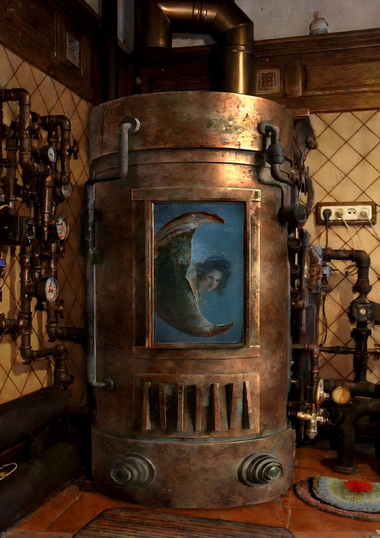 Vintage Boiler with Crescent Moon Window and Silhouette Person in Antique Setting