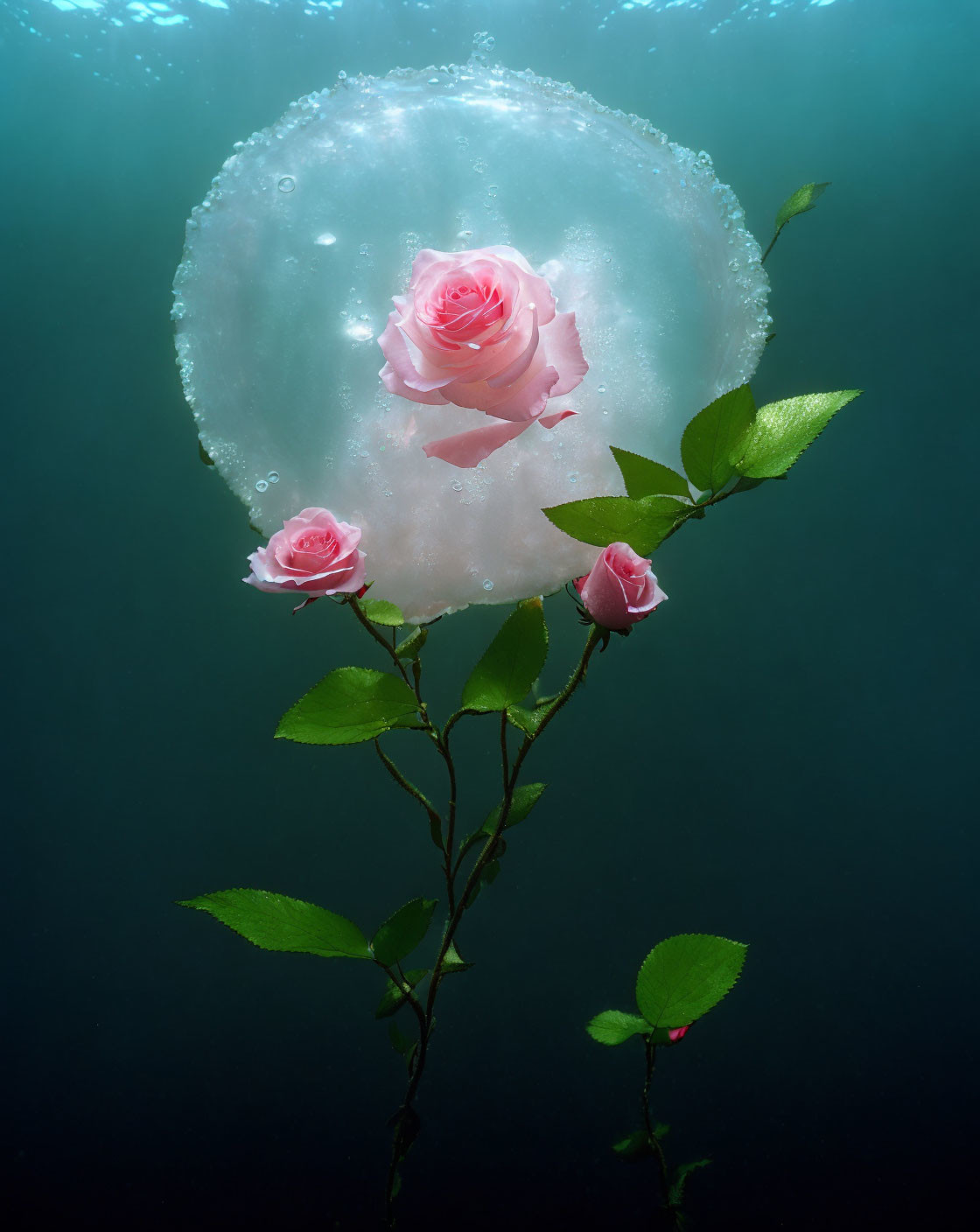 Three pink roses and green leaves in shimmering bubble underwater