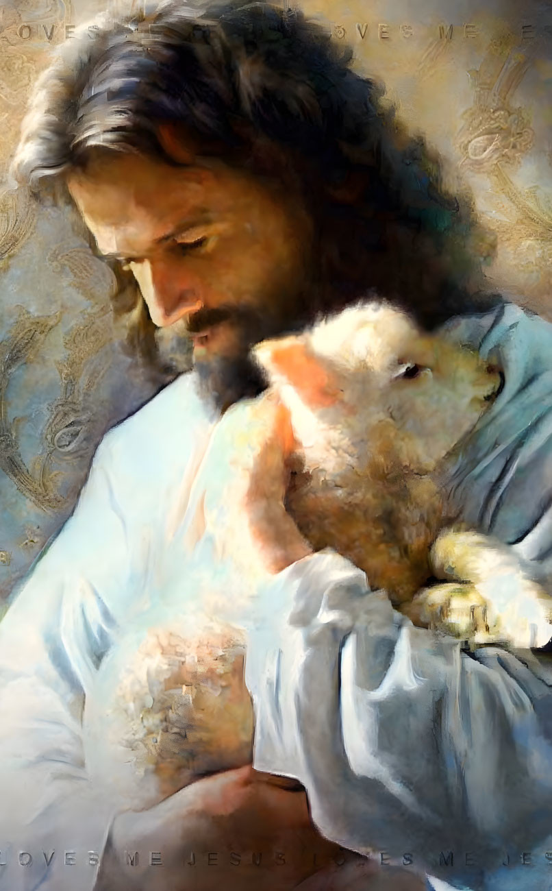 Portrait of man with long hair and beard cradling lamb against textured backdrop.