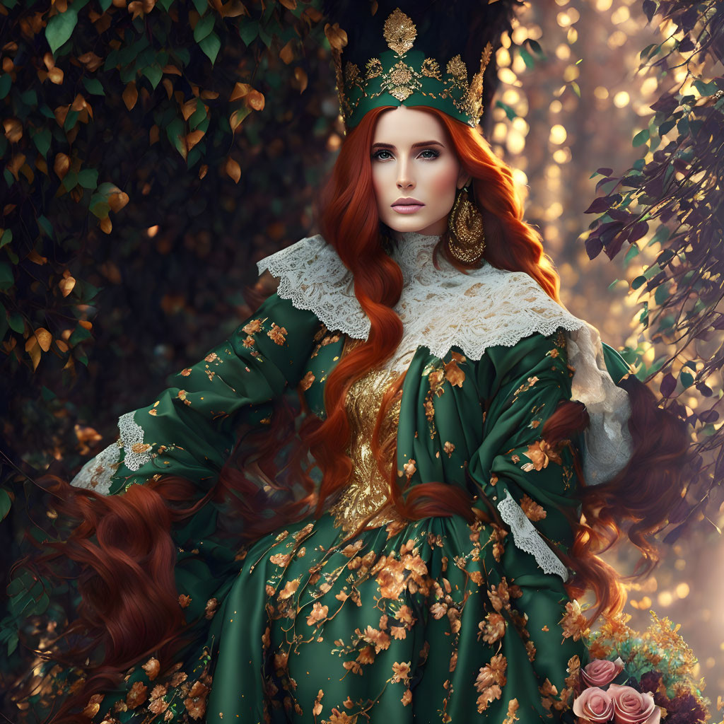 Woman with flowing red hair in green and gold gown sitting in sunlit forest