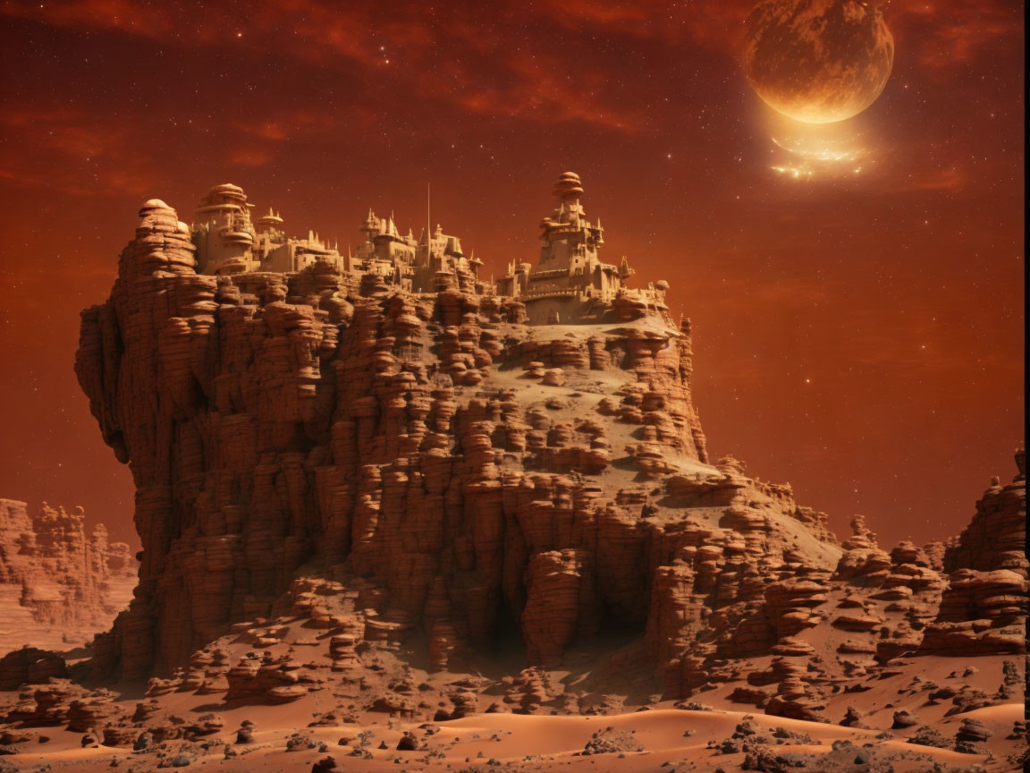 Fantasy castle on rocky formation under red sky with large moon