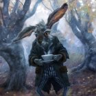 Rabbit in coat and pants with teacup in forest