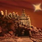 Fantasy castle on rocky formation under red sky with large moon