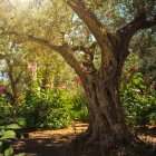 Tranquil garden scene with old olive tree and blooming flowers