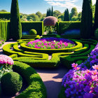 Manicured garden with hedges, flowers, topiaries, and spheres against mountain backdrop