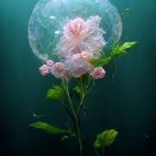 Three pink roses and green leaves in shimmering bubble underwater