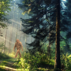 Misty forest scene: Bigfoot near "Sasquatch Crossing" sign