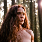 Person in ape-like makeup in sunlit forest with contemplative vibe