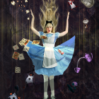 Whimsical Alice in Wonderland themed illustration with cards, keys, and teacups on dark wood