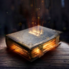 Ancient magical book with glowing pages and mystical symbols on wooden surface