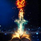 Open book pages turn into fiery sword on blue backdrop.