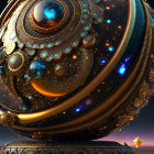 Ornate spherical object with celestial bodies against starry sky