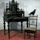 Vintage Room with Wooden Desk, Chair, Crow, and Red Carpet