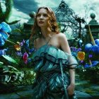 Elaborate teal dress in whimsical garden setting