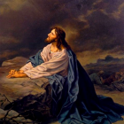 Religious painting: Jesus Christ in blue robe praying on mountain