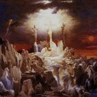 Dramatic painting of crucifixion scene with onlookers under setting sun