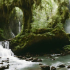 Moss-covered trees by cascading forest stream