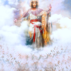 Religious icon figure with halo in white and red robes above ethereal crowd