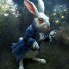 Detailed Blue Coat Anthropomorphic Rabbit with Clock and Mechanical Insect by Flowers