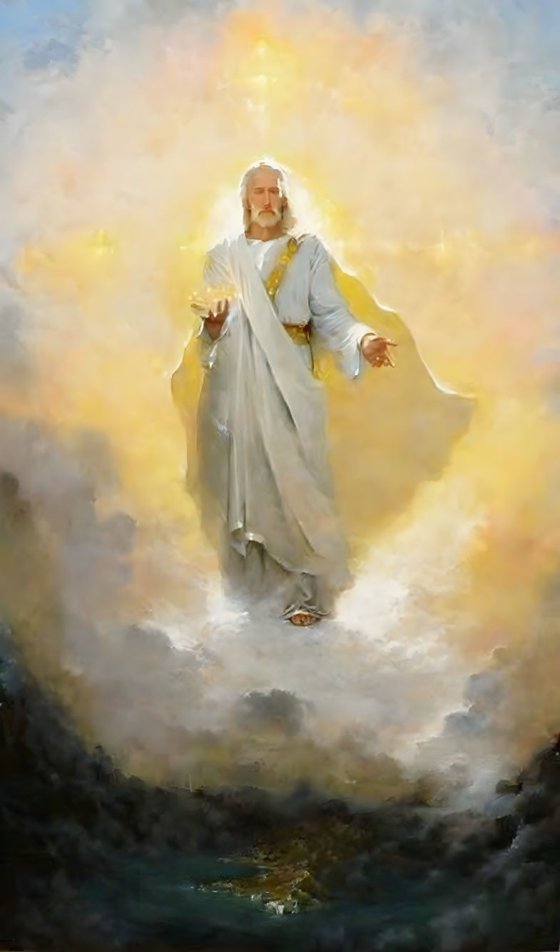 Bearded figure in white robe surrounded by glowing clouds