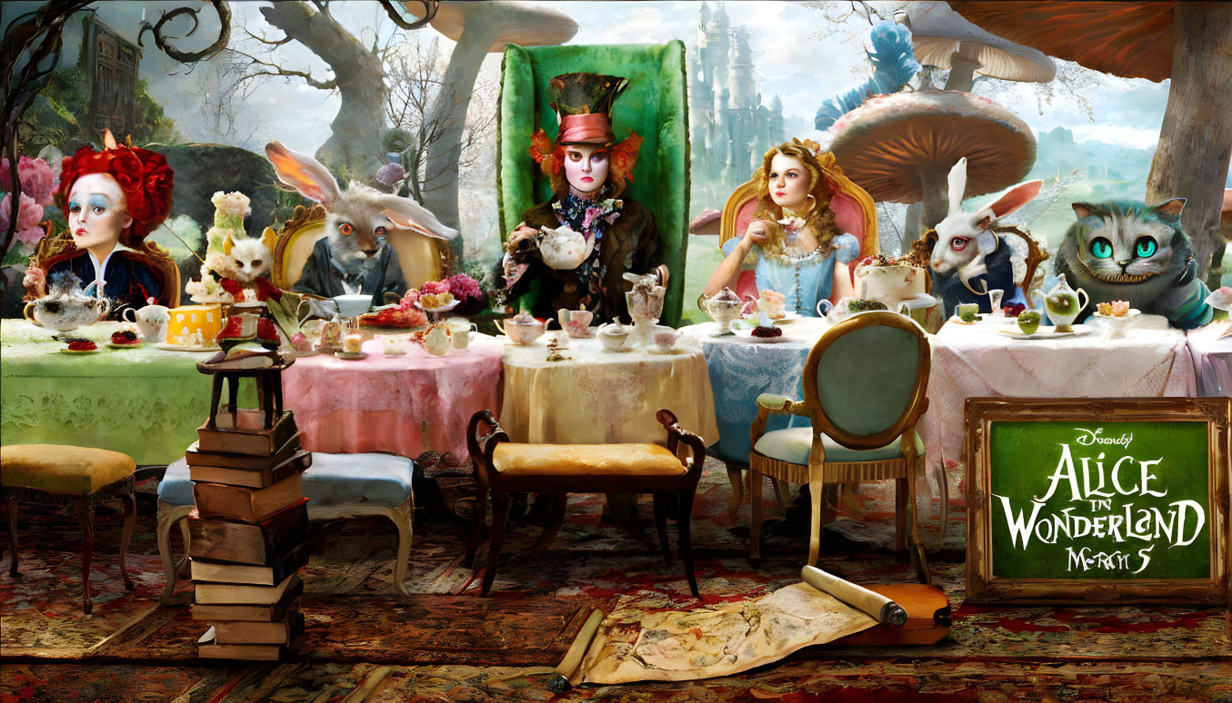 Fantastical tea party scene with large cat, rabbits, and lavish tableware