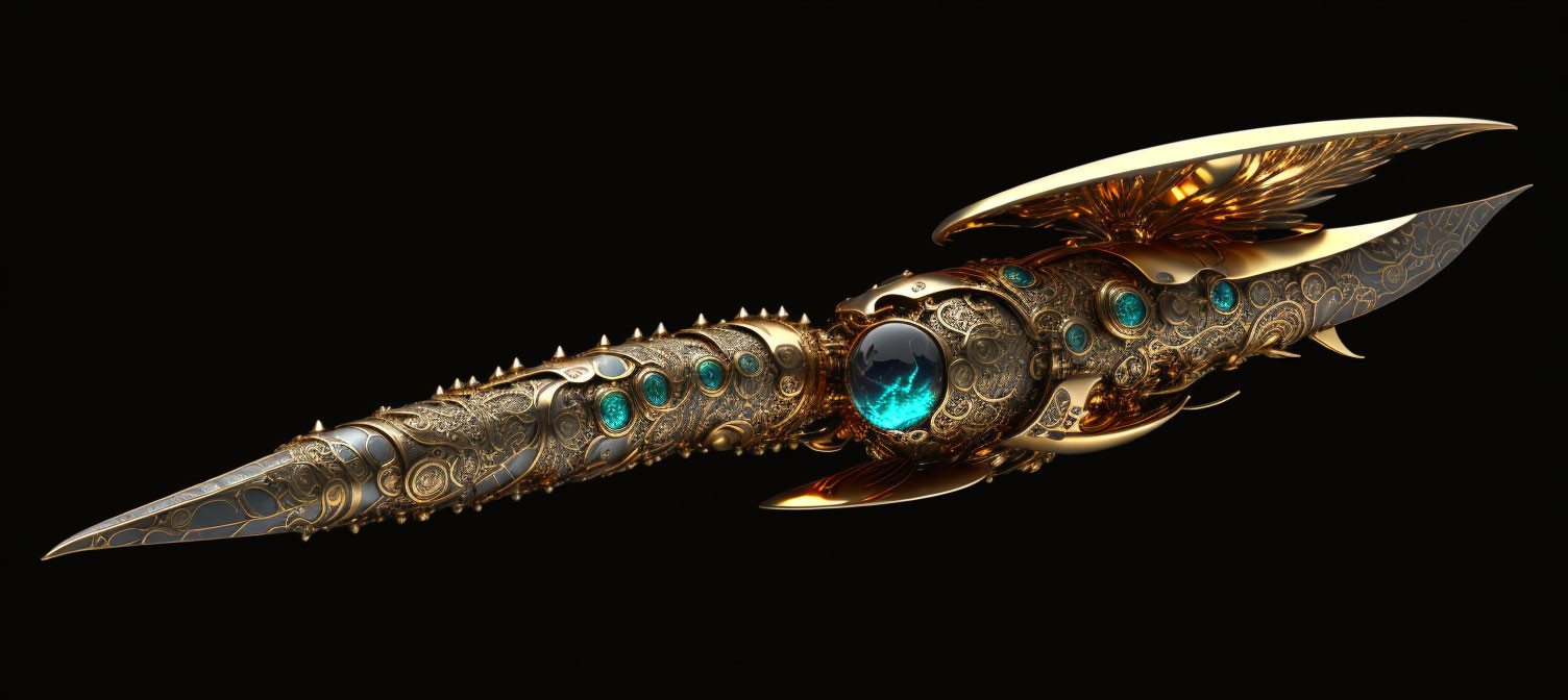 Golden and Bronze Fantasy Dagger with Peacock Feather Motifs and Gemstones on Black Background