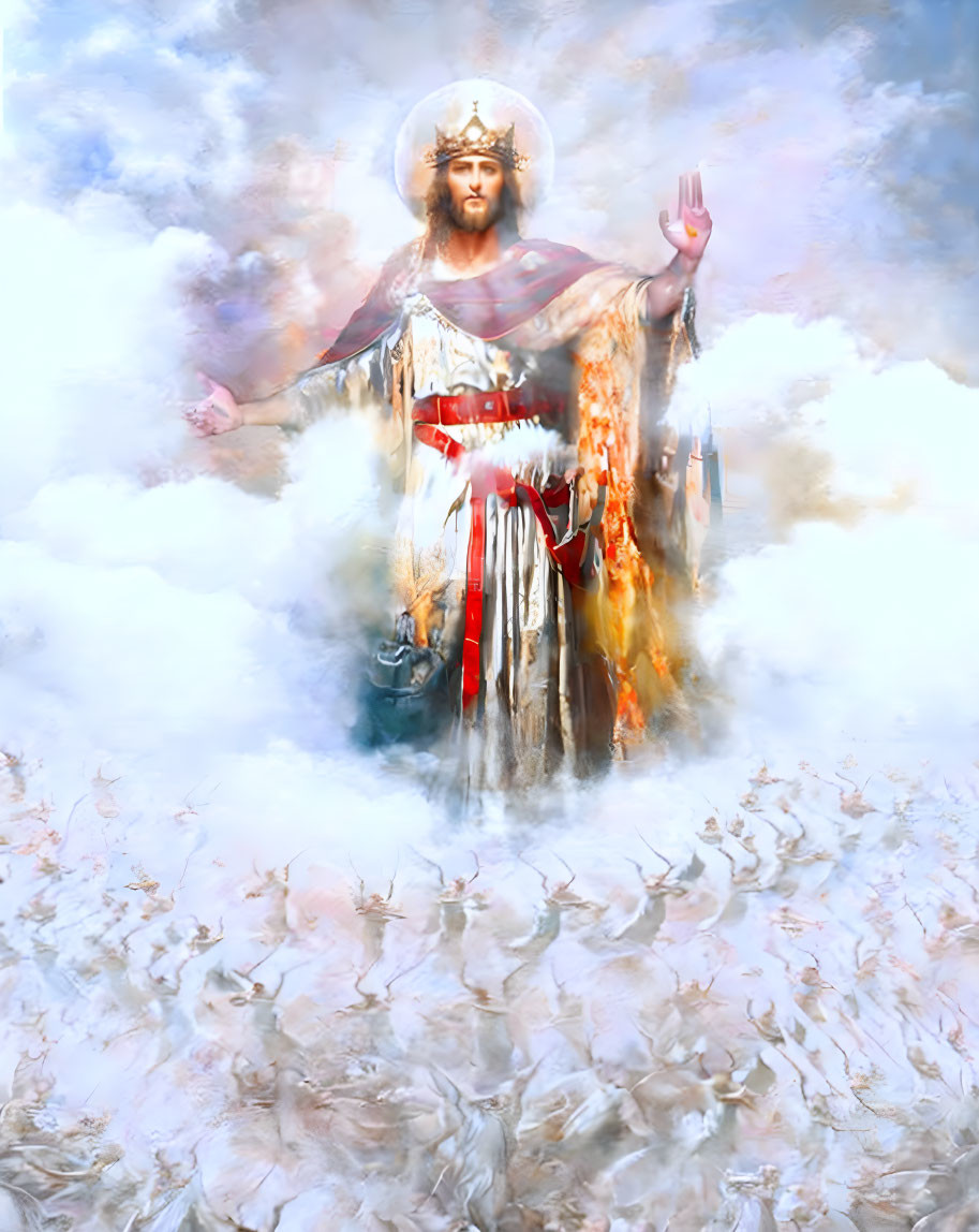 Religious icon figure with halo in white and red robes above ethereal crowd