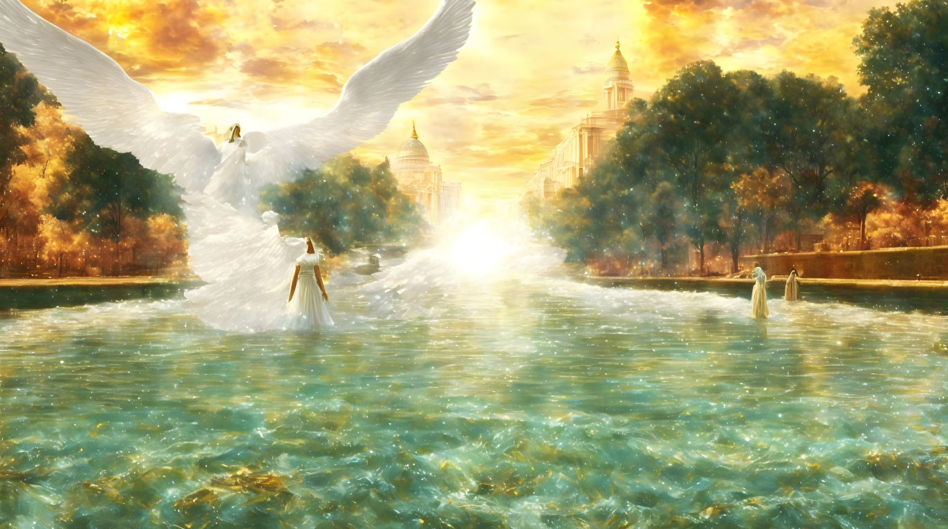 Person on Swan Boat Approaches Glowing Figure in Fantasy Scene