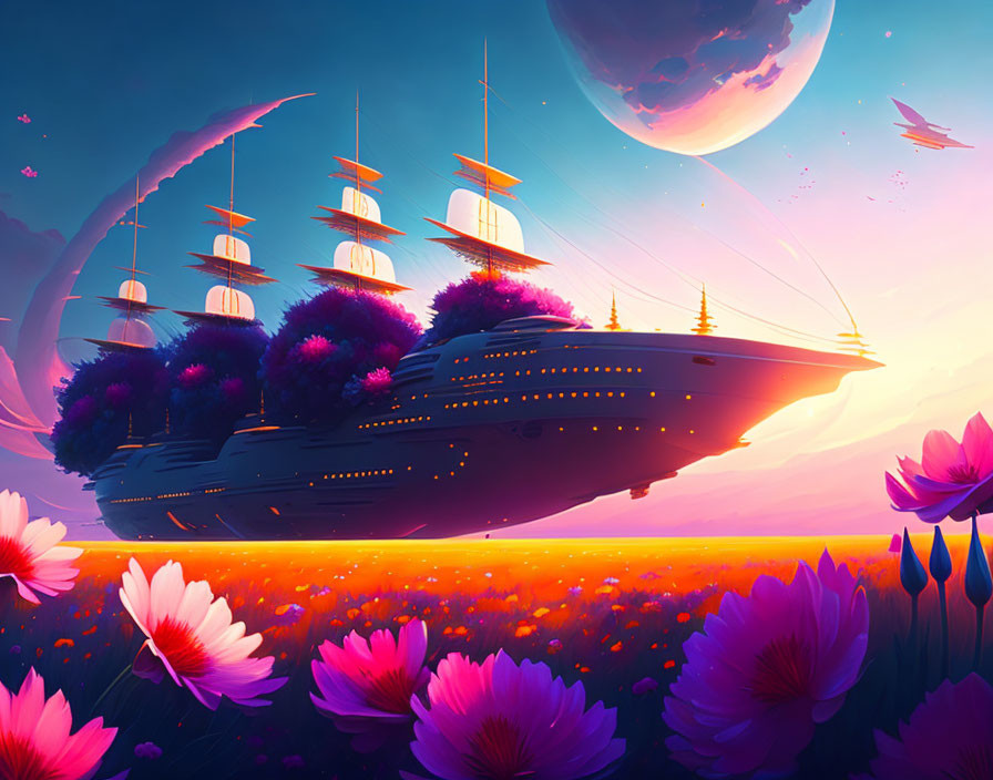 Fantastical flying ship over vibrant field and surreal sky