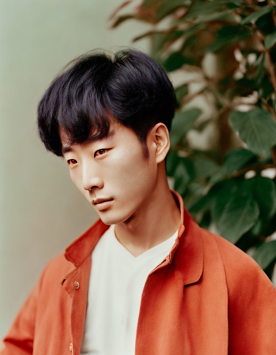 Dark-haired young man in orange jacket against green foliage