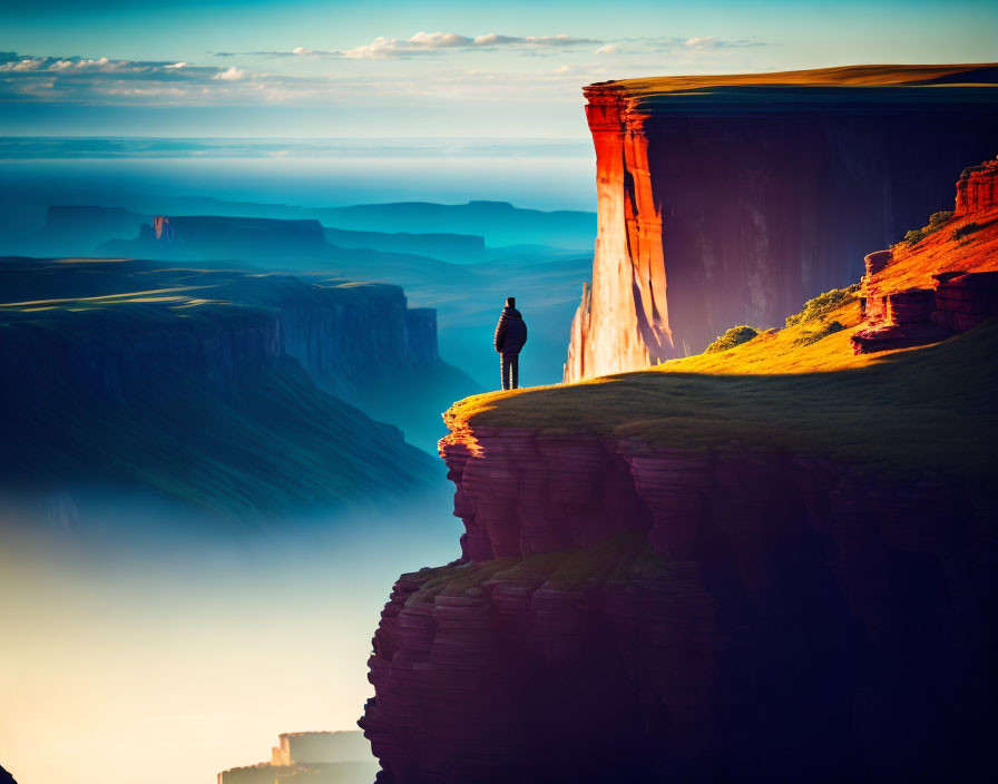 Person on Red Cliff Overlooking Sunrise Canyons