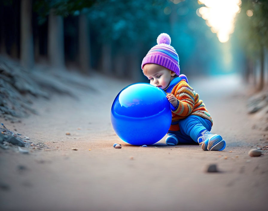 Toddler in Colorful Sweater and Purple Beanie Examining Large Blue Ball