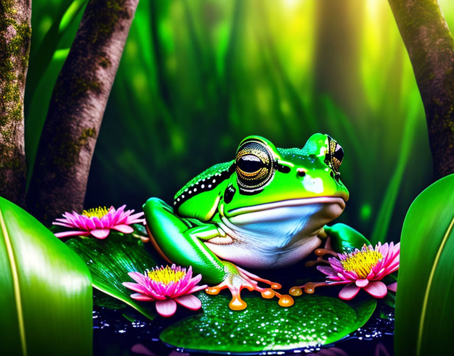 Colorful Frog on Lilypad Surrounded by Pink Water Lilies and Foliage