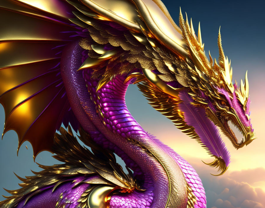 Golden and Purple Dragon with Intricate Scales Gliding Through Cloudy Sky