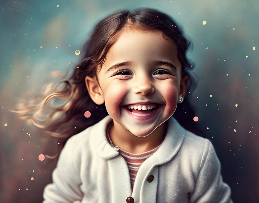 Smiling young girl with sparkling eyes in whimsical bokeh light background