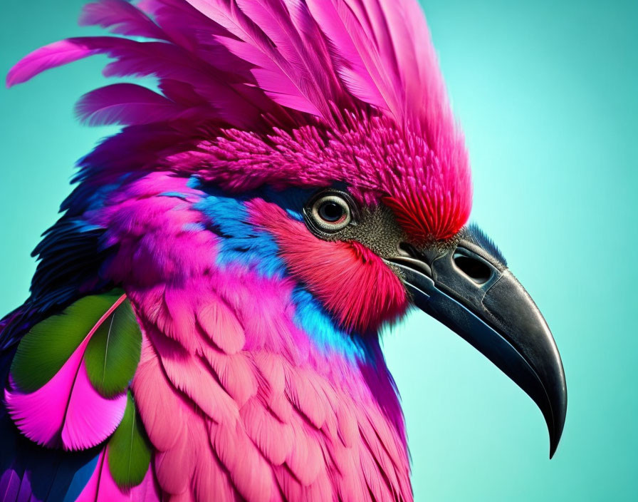 Vibrantly colored bird with pink, blue, and purple feathers on teal background