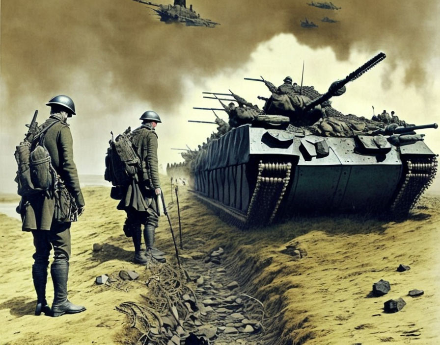 Military scene: Soldiers, tanks, and aircraft in war-torn sky