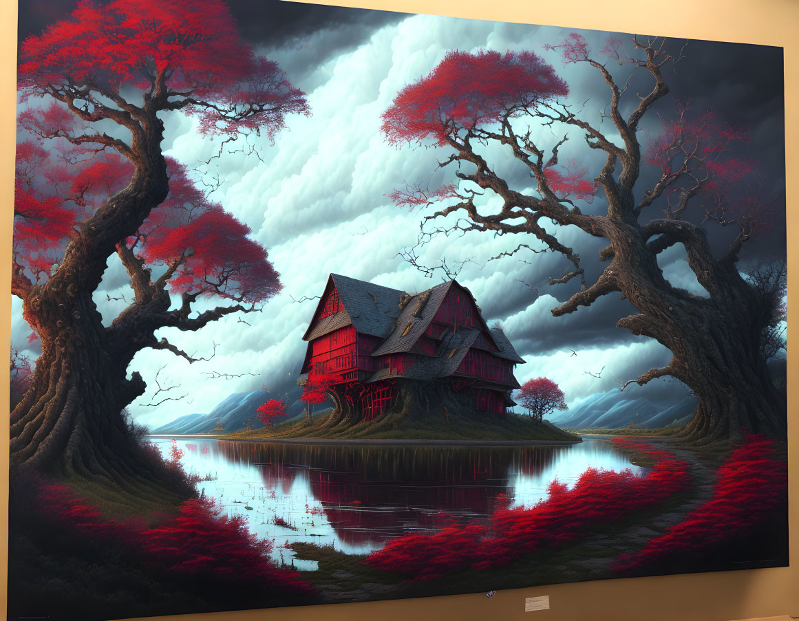 Surreal landscape with red house, crimson trees, and stormy sky