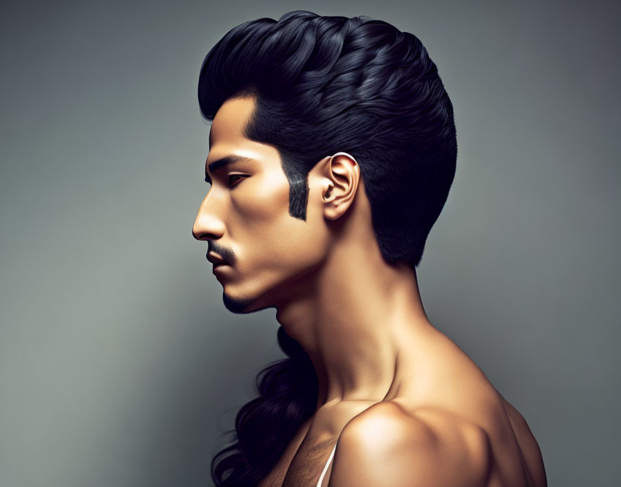 Man with Sculpted Hairstyle in Side Profile on Grey Background